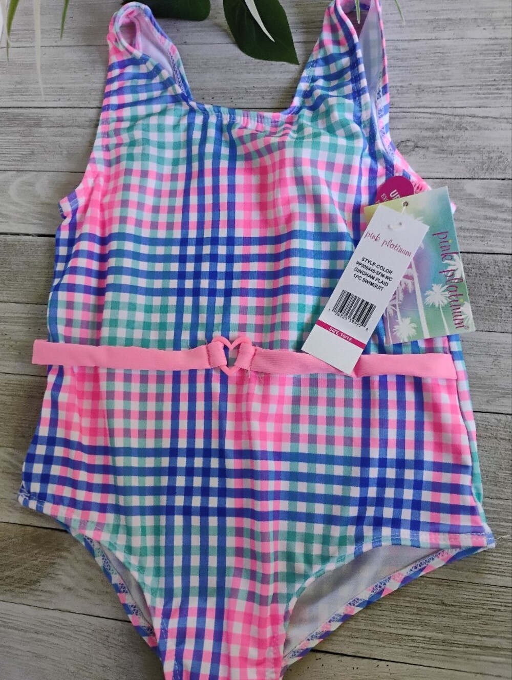 Gingham One-Piece Swimsuit Pink Platinum Size 10 /12 & Free Pair Of Swim Goggles